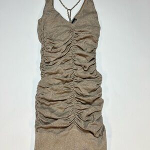bebe Shimmering Tan Ruched Mini Dress